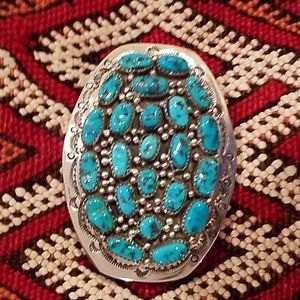 Navajo Sterling Silver and Authentic Turquoise Stones Unisex Oval Belt Buckle